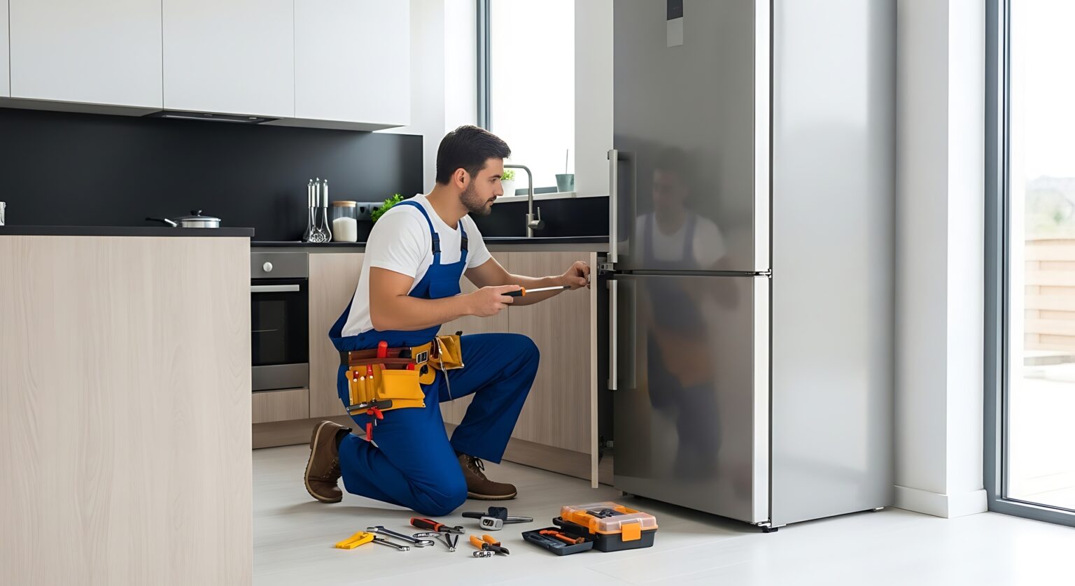 male technician repairing modern stainless steel refrigerator in bright kitchen